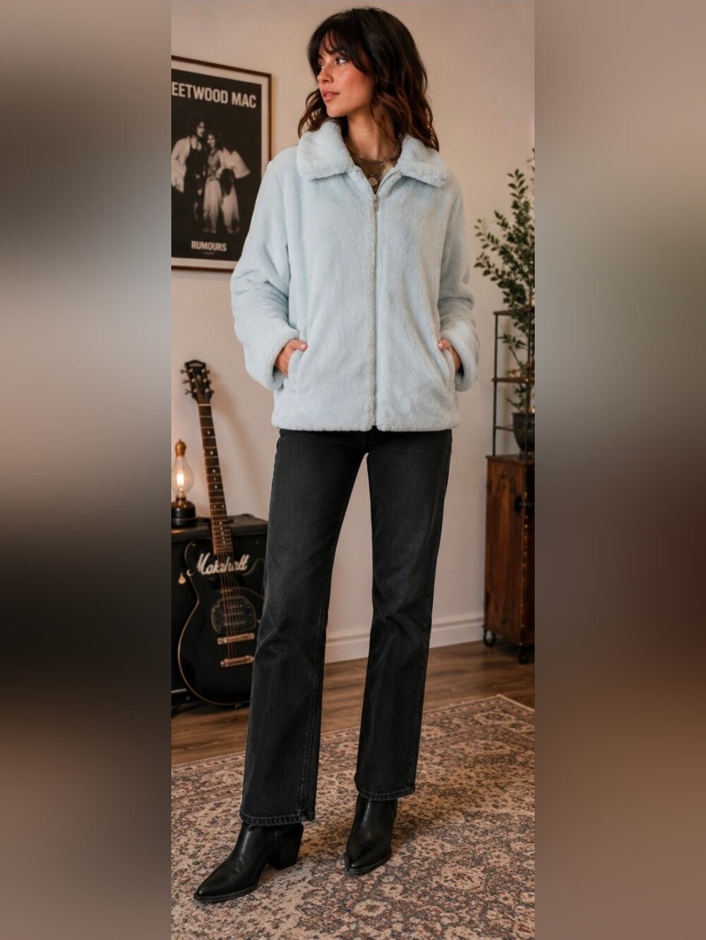 Emery Park Ice Blue Faux Fur Teddy Jacket Size Small Cozy Chic